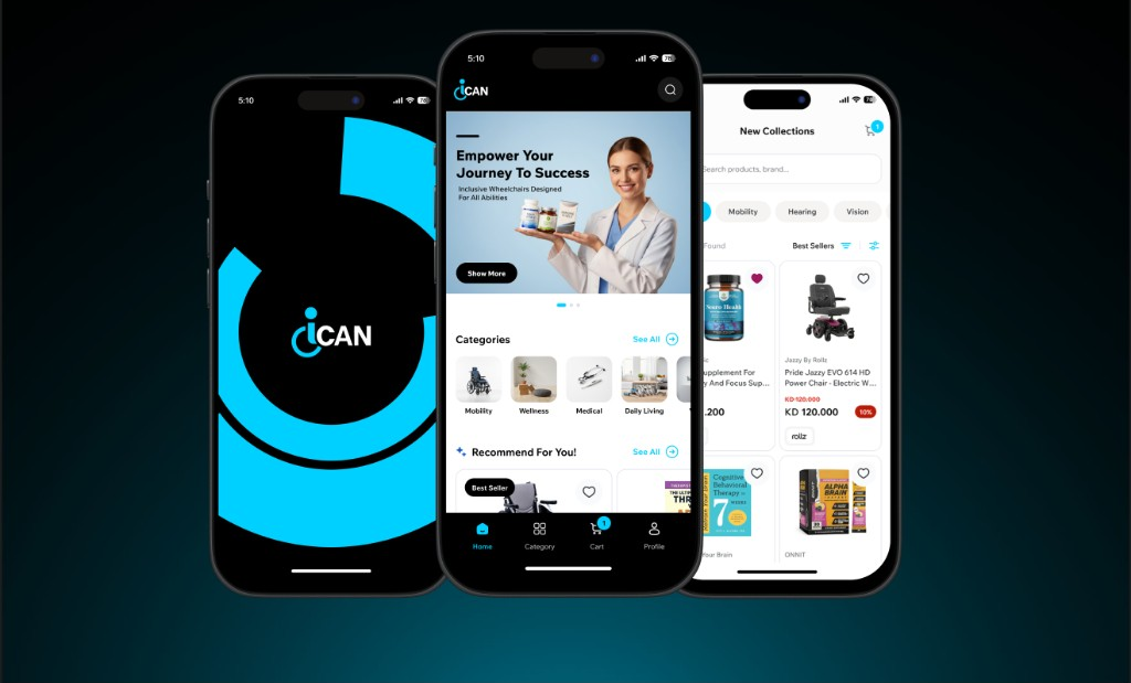 iCan app on three phones: splash, home, and new collections